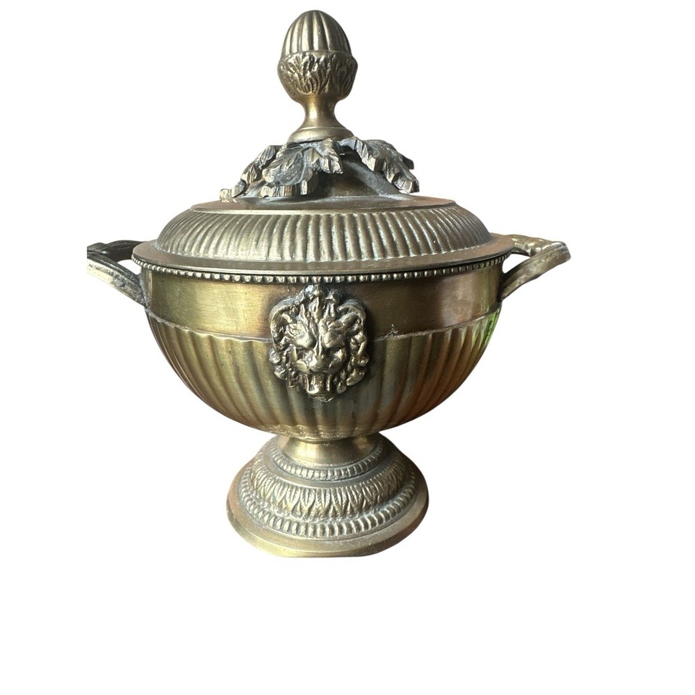 Antique Brass Lion Head Urn With Lid & Handles